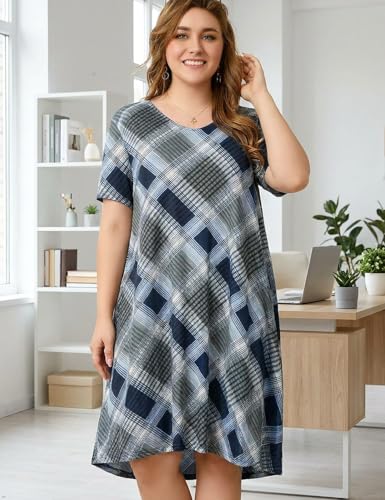 Image of OVERWORETY Womens Short Sleeve Plus Size T-Shirt Dress V Neck Casual Loose Swing A-Line Summer Tunic Dresses with Pockets