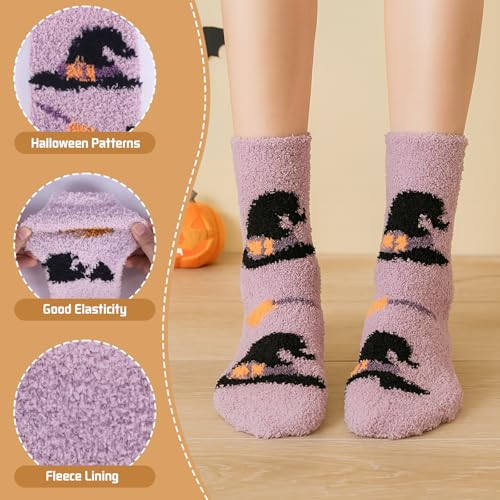 Fohuanky 4 Pairs Women’s Halloween Fluffy Socks Cosy Fuzzy Crew Socks with Pumpkin Ghost Witch Designs Holiday Festival Accessories (Colour 1) - Image 3