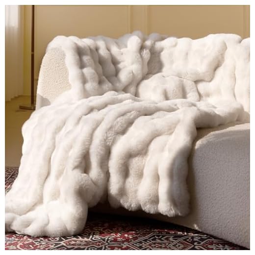 Ultra Soft Cozy Faux Fur Throw Blanket, Fuzzy Plush Thick Bubble Blanket, Luxury Fluffy Blanket for Couch, Sofa, Bedroom, and Living Room, 50x60 Inches, Cream White