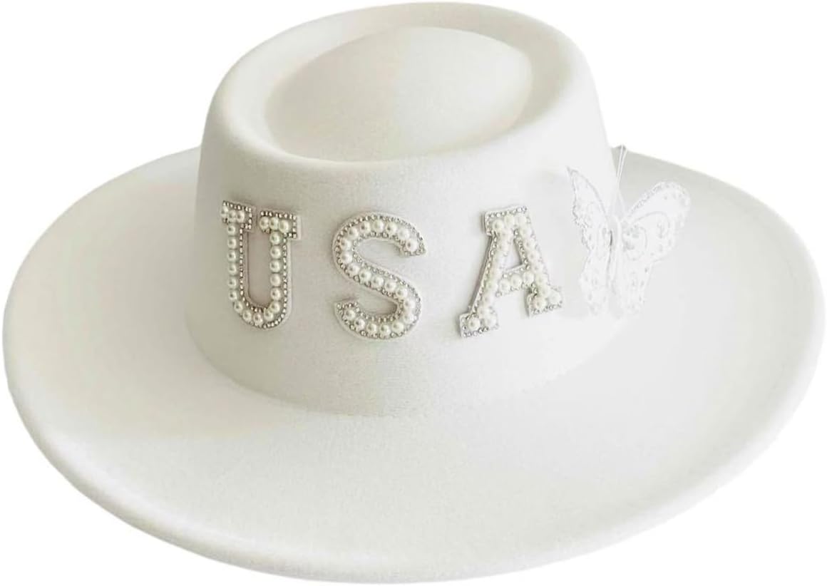 White Fedora Hats for Women - Wide Brim Felt Hat for Party - USA Pearl Letter Style 2025
