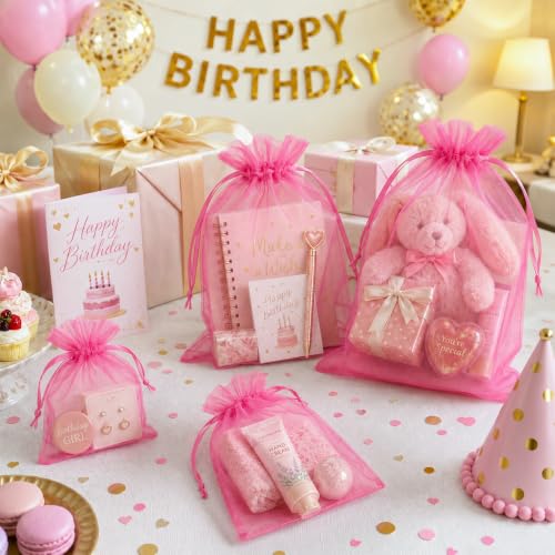 Image of FUNFERY 100PCS Hot Pink Organza Gift Bags 5x7in,Drawstring Jewelry Pouch