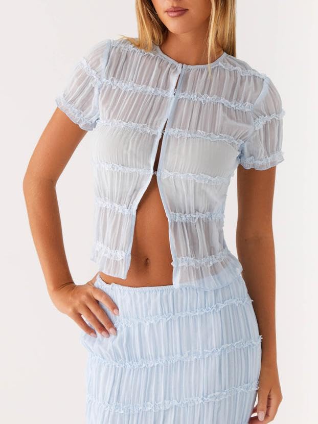 Women Y2k 2 Piece Maxi Skirt Set Ruched Short Sleeve Crop Top Flowy Ruffle Long Skirt Outfits Streetwear4