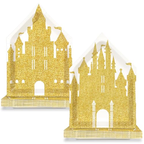 50Pcs 10 Inch Princess Castle Shaped Paper Plates Gold Glitter Castle Party Decorations Princess Disposable Dinner Plates Fairytale Themed Tableware for Girls Birthday Party Baby Shower Decoration