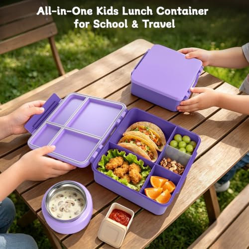 Image of Kids Lunch Box 4 Compartment Bento with 8oz Food Jar，Purple