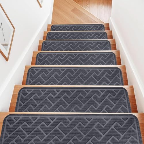 Dayacoco Carpet Stair Treads Non Slip for Wooden Steps 20.3 x 76 cm (15-Pack) Carpet Stair Treads Made of Polyester and Reusable Adhesive Stair Runner Rugs for Kids Elders and Pets Gray