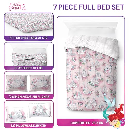 Image of Disney Princess Full Size Comforter Set 7 Piece Floral Bedding, Pink