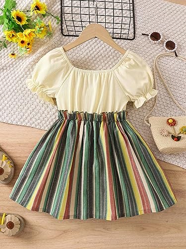 Image of TAGAS Toddler Girls Striped Print Puff Sleeve Bow Front Dress || Stripe Pattern Dress for Kids || A Line Dress || Puff Sleeve Dress for Kids || Casual Dress (KD-202)