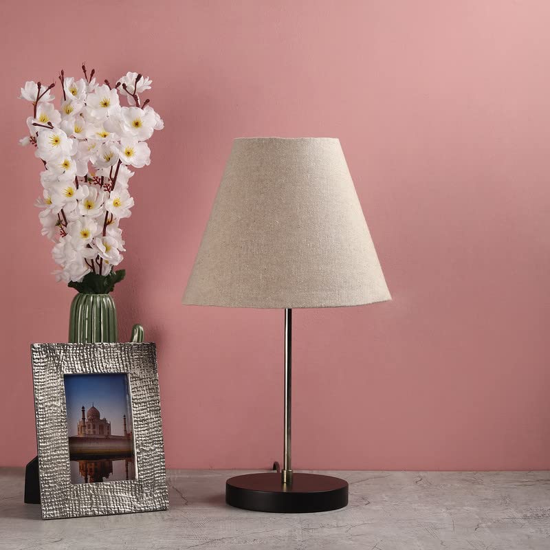 Image of Silver Table Lamp with Handmade Conical Beige Shade, Minimalist Design, for Couple Dinner /Coffee Table /Restaurant /Bedroom, On /Off Switch Long Wire