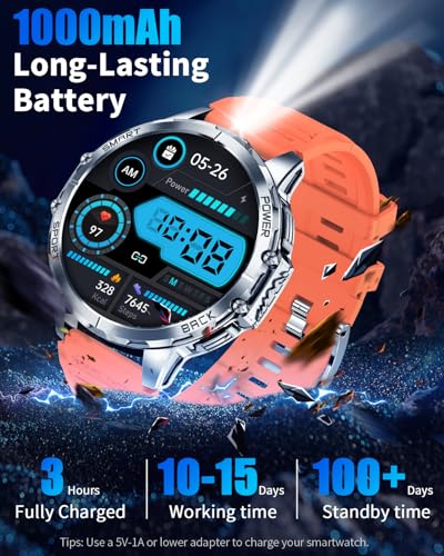 Image of Military Smartwatch for Men, Top-Mounted Flashlight, 1200mAh Battery