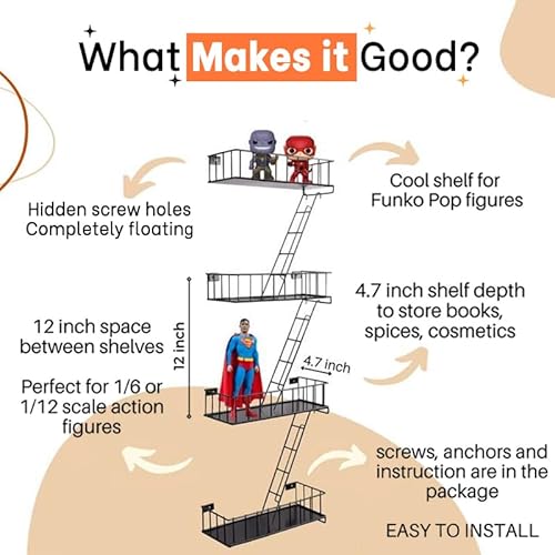 Kotijoki Fire Escape Wall Shelf - New York Metal Decorative Shelf With Screwdriver & Screws, Rustic Wall Shelves For Bedroom, Home Décor, Action Figure Display (4-Tier Black Floating Shelves) #TOP1
