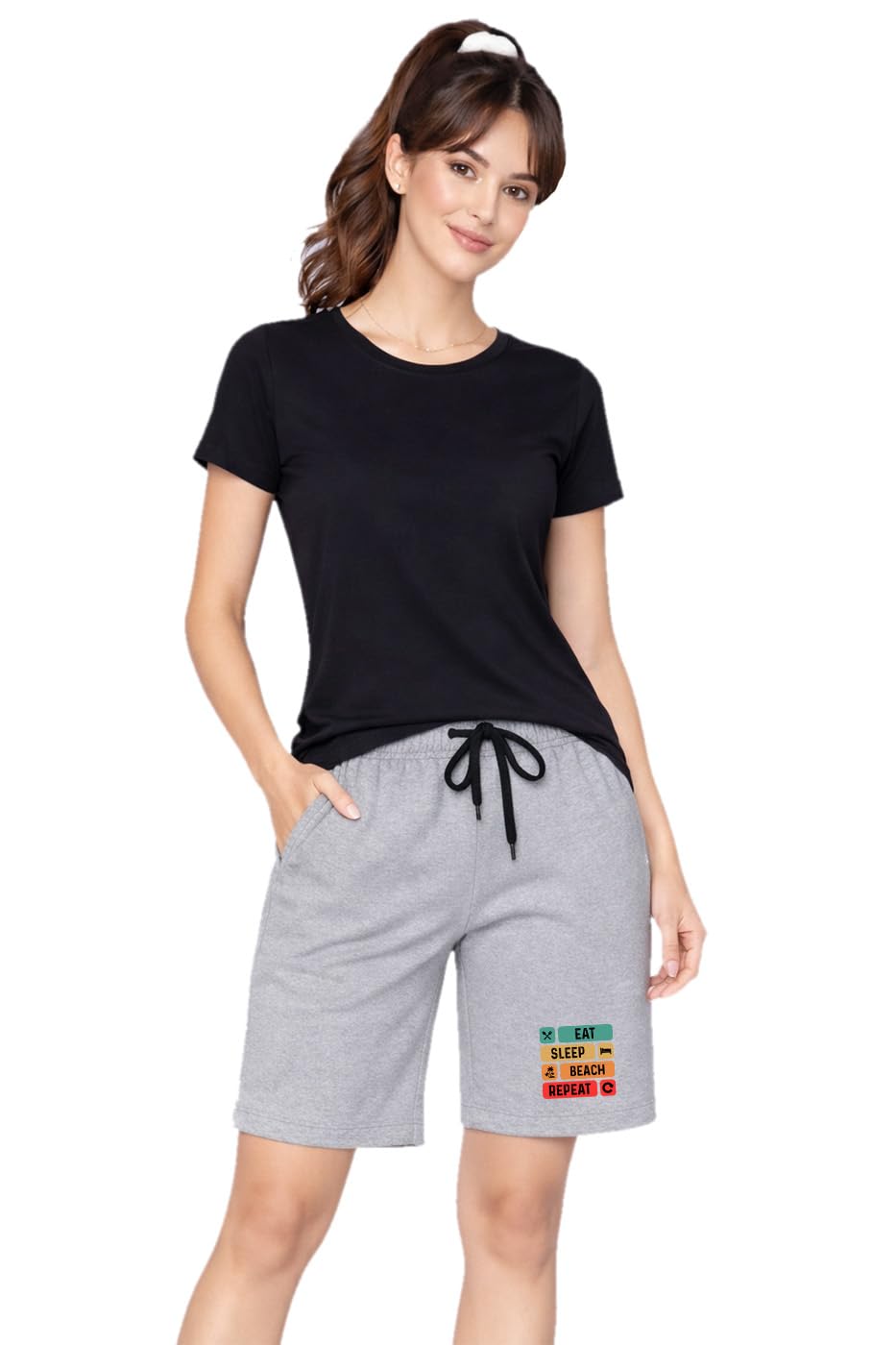 Casual Knee Length Eat Sleep Beach Perfect Printed One Side Pockets Womens Short Grey Medium-image-47