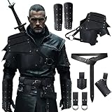 MDJWIANJ Men Medieval Renaissance Viking Cosplay 8 Pcs Shoulder Leather Set, Knight Ren Faire Armor Set with Shoulder Armor Belt Bracers, Black