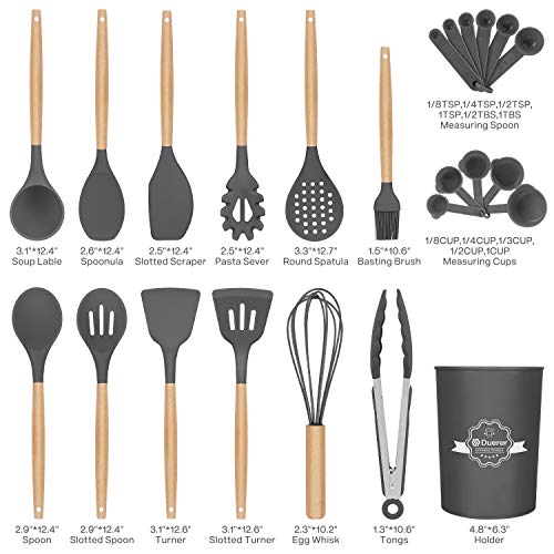 Duerer Silicone Kitchen Utensils Set with Holder, 12 Pcs Cooking Utensils Kit, Cooking Spatula Turner Heat Resistant Tools with Wooden Handle, Kitchen Gadgets Set for Nonstick Cookware (BPA FREE) - Thumbnail 6