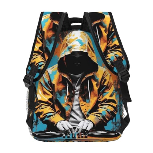 Graffiti Dj Hooded Man Backpack Lightweight Daypack Laptop Bag Pockets Stylish Shoulders Backpack4
