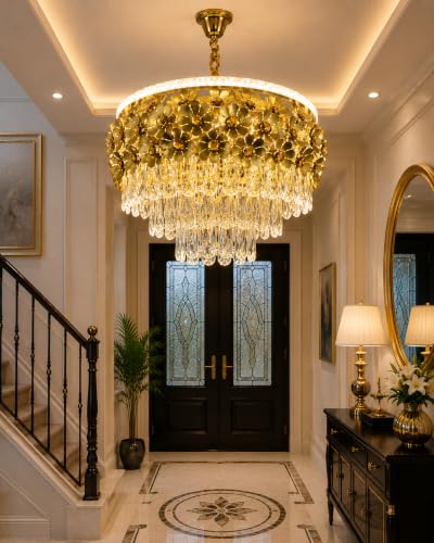 Image of Elegant Chandelier Ceiling Light for Living Room Hanging Pendant Light | Italian K9 Crystals | Metal Frame | Adjustable LED Light-Pack of 1 (Chandelier-Floral-400MM-Gold)