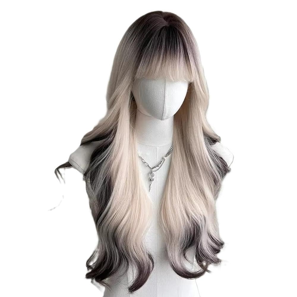 Haarpflege Lange Gewellte Schwarze Und Graue Farbverlaufsperücke Mit Natürlichem Pony Hitzebeständig Für Frauen