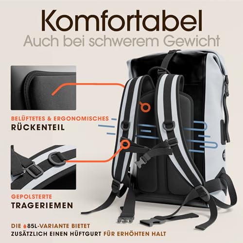 Earth Pak Summit wasserdichter Rucksack, Backpack mit leistungsstarkem Reißverschl 35Luss und Rolltop, wasserfester Handyhülle (Grau)