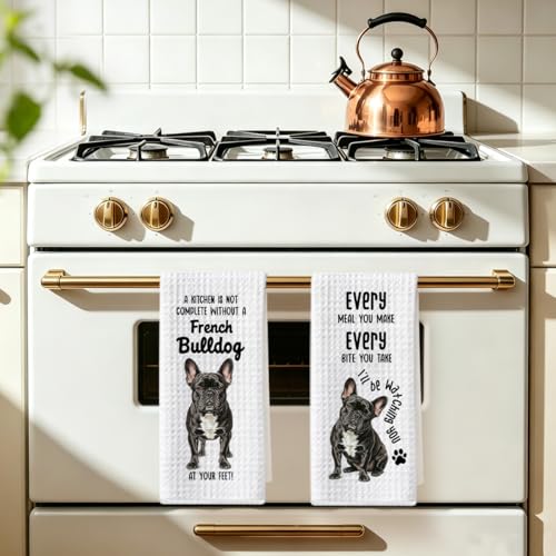 Image of 2 Pcs French Bulldog Kitchen Towels 24x14 Inch, Funny Frenchie Reusable Dish Towels for Kitchen Bathroom Decor, Waffle Weave Hand Cloth Tea Towel, French Bulldog Gifts for Women Girls Friend