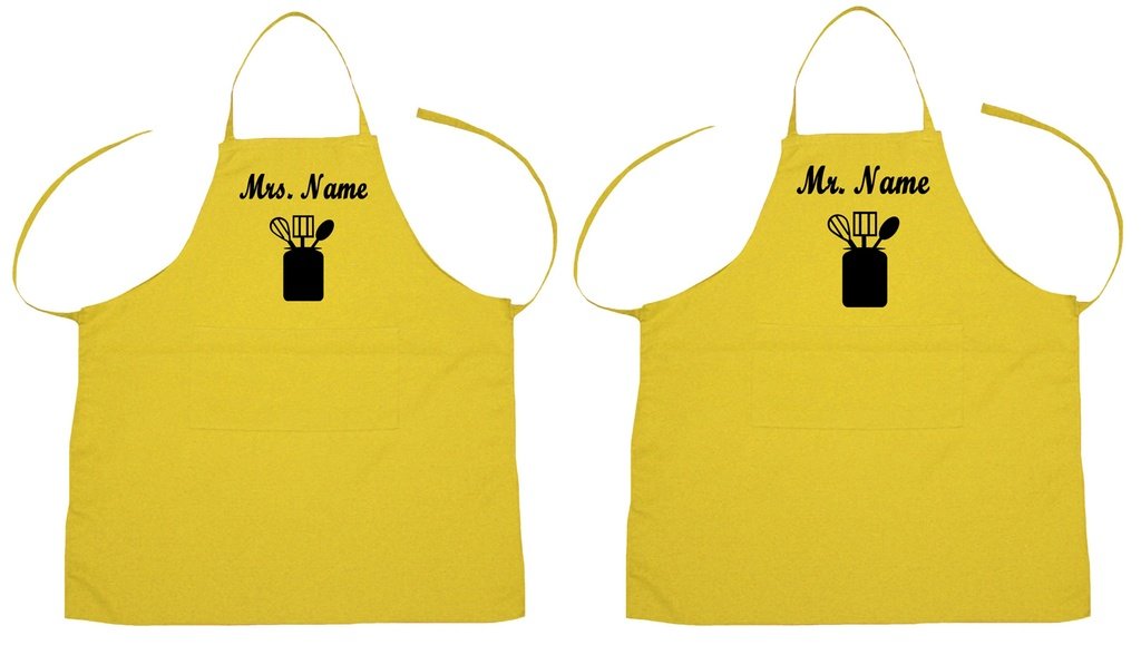 Tablier de cuisine Mr et Mrs jaune en polyester pour cuisiner à deux en duo
