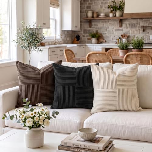 Image of Fancy Homi 2 Packs Black Decorative Throw Pillow Covers 22x22 Inch for Living Room Couch Bed Sofa, Rustic Farmhouse Boho Home Decor, Soft Corss Corduroy Patchwork Accent Square Cushion Case 55x55 cm