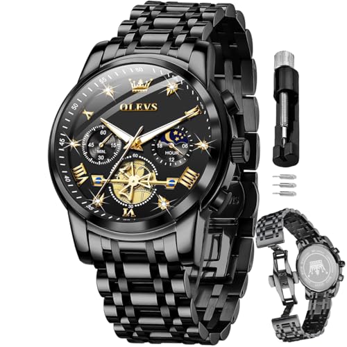 OLEVS Mens Chronograph Watch Gold Silver Stainless Steel Chain Qu...