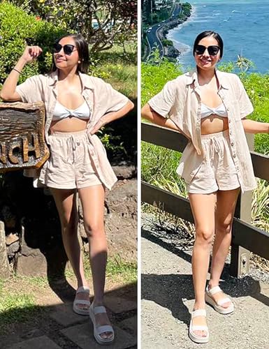 Image of APAFES Women Summer Cotton Linen Short Sets 2 Piece Shorts Top Lounge Beach Vacation Two Piece Outfits Tracksuits