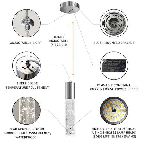 Okeli Modern Pendant Light,3Color Led Bubble Crystal Island Light Fixtures,Chrome Mini Pendant Lighting For Kitchen Island,Bar,6W,3000-6000K,Etl thumb #4