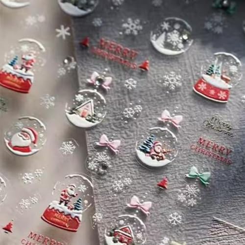 Image of 5D Embossed Christmas Nail Stickers for Nails Art Design Santa Claus Crystal Ball Nail Art Stickers Bow Snowflake Nails Decals Self-Adhesive White Red Nails Decals for Women Manicure Supply