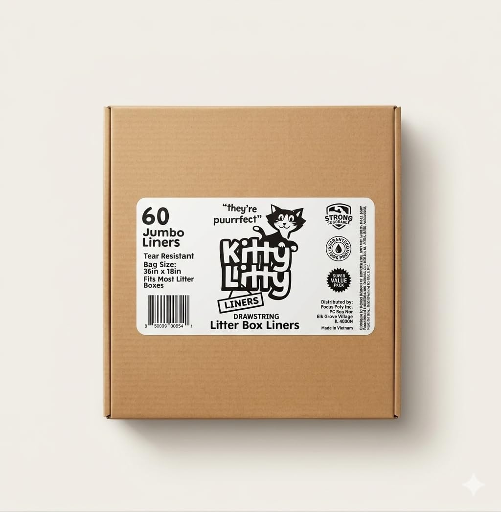 Cat Litter Box Liners 60 Count Drawstring, Kitty Litty Waste Liner Clean Up