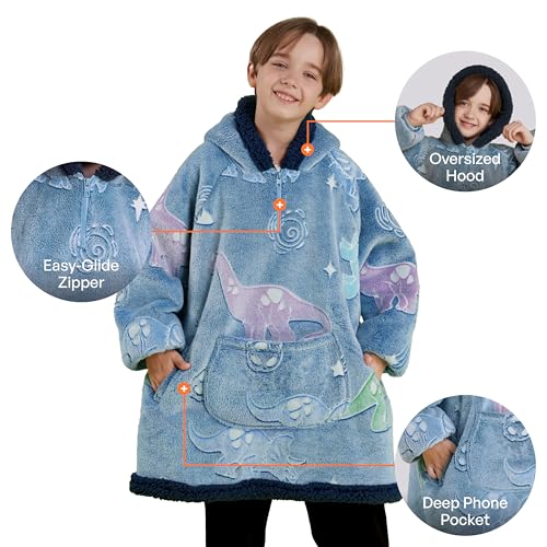 Image of Giggling Getup Glow in The Dark Wearable Blanket Hoodie for Girls and Boys Warm Cozy Sherpa Fleece Hooded Blanket Sweatshirt Oversized Hoodie with Giant Pocket & Sleeves for Kids Blue Dinosaur Glow