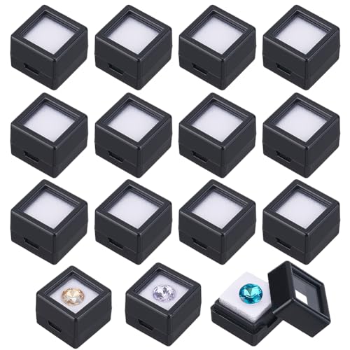 BENECREAT 36 Pack Gemstone Display Box Acrylic Diamond Display Case Black Jewelry Box with Clear Lids, White Sponge 0.8x0.6 for Treat, Gems, Diamond, Gift Packing