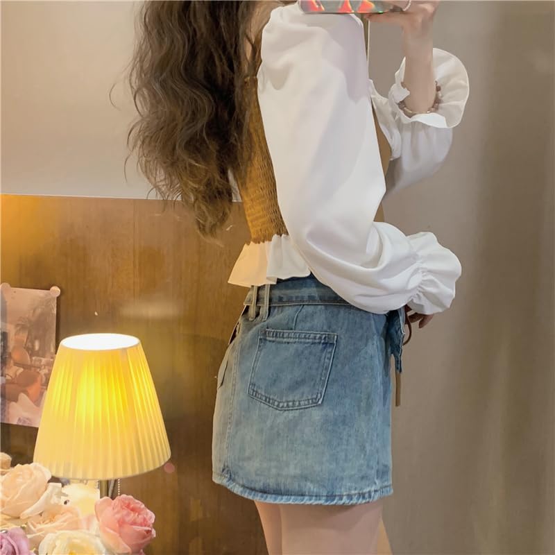 Image of ICW Women French Style Retro Vintage Lace-Up Layered Fake Two-Piece Puff Sleeve Ruffled Crop Blouse Corset Top Dn88