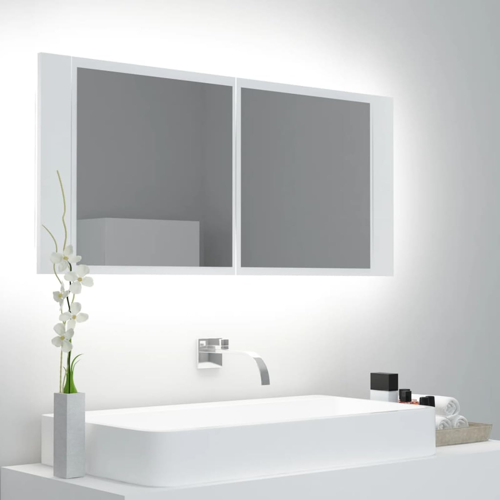 Gecheer LED-Bad-Spiegelschrank Weiß 100x12x45 cm Acryl, Deko Spiegel Bathroom Mirror für Badezimmer Make-up Rasur Wohnung Hotel804980