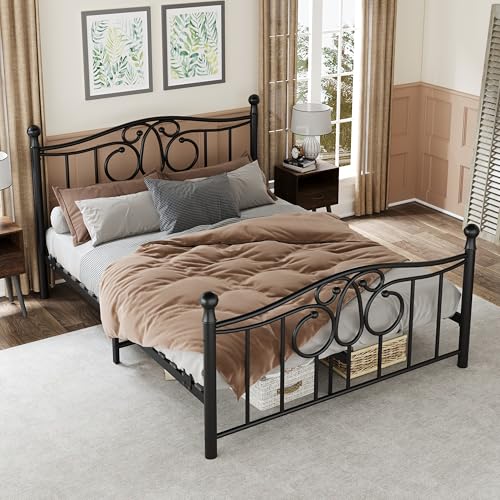erosoei Metal Queen Single Bed Frame with Scroll Design, 82.7" in Steel Bed Frame with Protective Foot Pads, Strong Bearing Capacity Queen Size Bed, Easy Assembly, Underbed Storage Space（43.3 inch）
