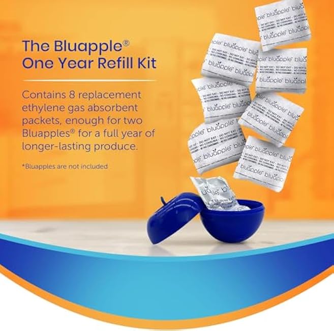 Bluapple Produce Saver Refill Kit - Keep Fruits & Vegetables Fresh Longer, Veggie & Fruit Saver, 8 Packets (9 grams each), Lasts up to 3 Months, Produce Storage, Ethylene Gas Absorber, Made in USA