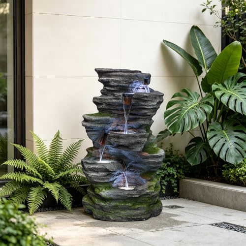 Image of 5-Tier Rock Outdoor Water Fountain, Resin & LED Light, 40.2 in