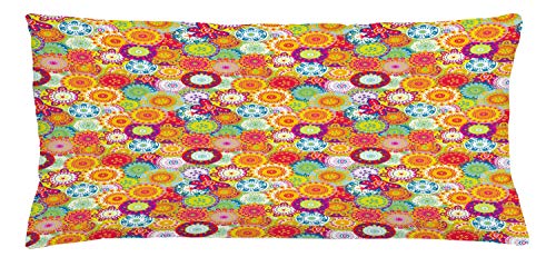 Lunarable Colorful Throw Pillow Cushion Cover, Vivid Round Floral Motifs with Little Blooms Childish Doodle Whimsical Garden, Decorative Rectangle Accent Pillow Case, 36