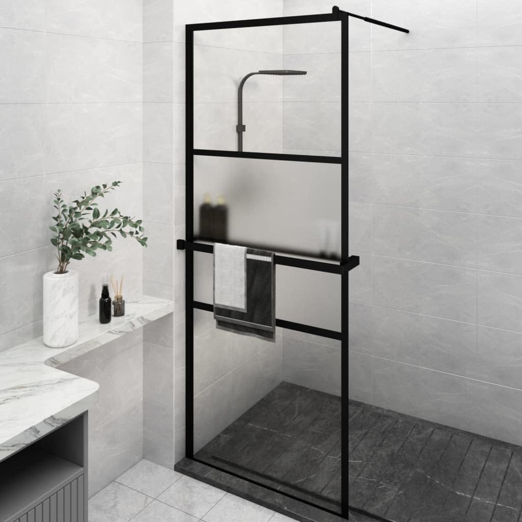 Walk-in Shower Wall 31.5x76.8 Inch with Storage Shelf, Modern Black Framed Shower Screen, Adjustable ESG Tempered Glass Enclosure for Bathroom