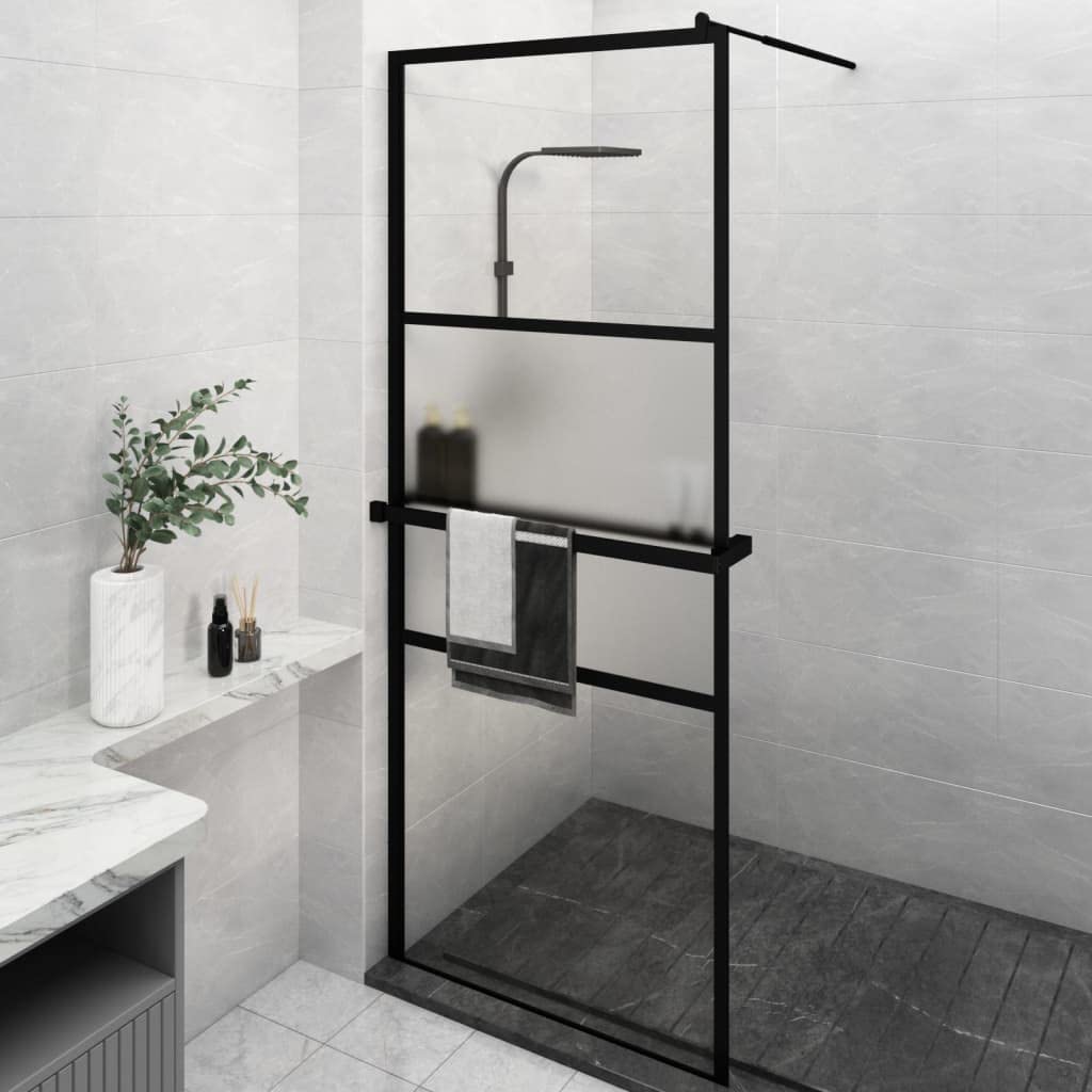 ZEYUAN Duschwand Mit Ablage 80x195 Cm ESG Glas Schwarz – Walk-In-Dusche, Verstellbar, Spritzwassergeschützt