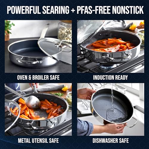 Image of Blue Diamond Hybrid Nonstick Stainless Steel 4QT Saute Pan with Glass Lid, PFAS-Free Ceramic Diamond Bond, Deep Jumbo Skillet, Induction Ready, Dishwasher & Metal Utensil Safe, Stay-Cool Handle