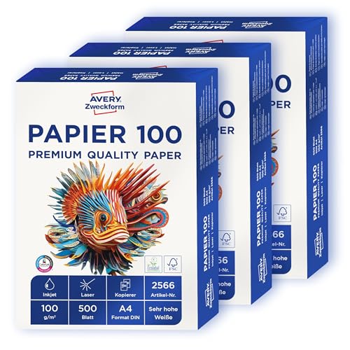 AVERY Zweckform 2566 Drucker-/Kopierpapier (1.500 Blatt 100 g/m DIN A4 Papier hochweiß für alle Drucker) 1 Box mit 3 Pack