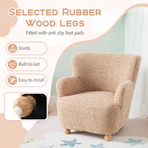 Image of KOTEK Comfy Toddler Chair, Sherpa Kids Armchair with Rubber Wood Legs, Children Reading Chair for Boys & Girls, Upholstered Kids Sofa for Playroom Bedroom Nursery (Pink)