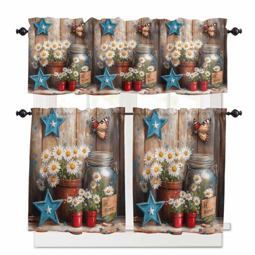 Country Flower Kitchen Curtains 24 Inch Length,3 Piece Rod Pocket Small Half Tiers and Valance Set,Western Texas Star Butterfly Barn Door Small Large Window Treatment Decor for Bedroom/Bathroom Sink