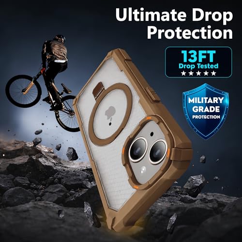 Image of AIBEX Transparent Back Cover Compatible for iPhone 13 /14| Mag-Saf Magnetic Ring Kickstand | Shockproof Dual Layer Military Grade Drop Protection Armor Case| Wireless Charging Support - Brown