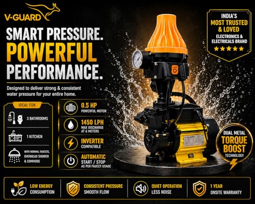 Image of V-Guard 0.5 HP Automatic Pressure Booster Pump with Dual Metal Torque Boost Technology, Inverter Compatible, for Household Use (Up to 2-3 Bathrooms), 1-Year On-Site Warranty, (Yellow)