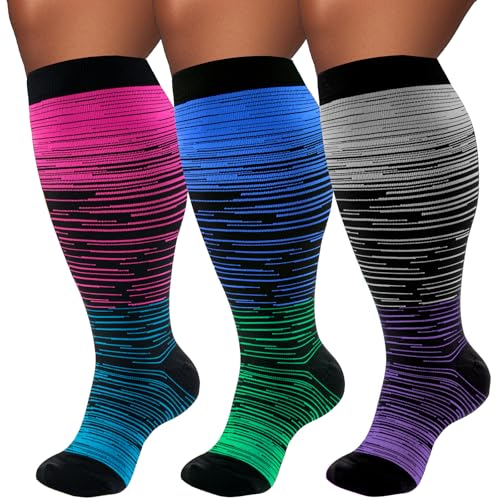 Image of Plus Size Compression Socks for Women & Men 3 Pairs, Wide Calf Extra Large 20-30 mmHg Knee High Support Socks for Travel, Running, Nurse