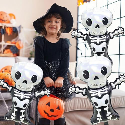 Belsita B-01 Halloween Balloons Cute Skeletons Balloon Decorations Large Aluminum Foil Balloons Set Laser Skeletons Mylar Balloons Halloween Themed Day Of The Dead Birthday Party Decor Supplies 3Pcs thumb #1