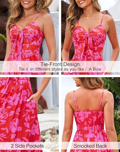 Image of Kranda Women 2026 Summer Sundress High Waist Tie Front Spaghetti Strap Long Beach Floral Tiered Maxi Dress with Pockets