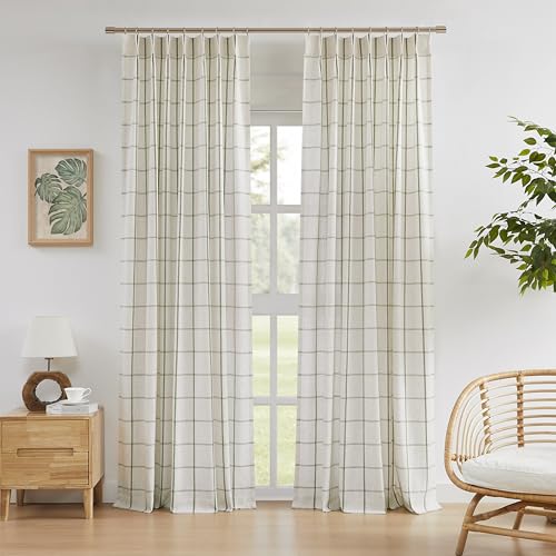 Vision Home Sage Plaid Linen Pinch Pleated Semi Sheer Curtains 40Wx90Lx2 - image 1