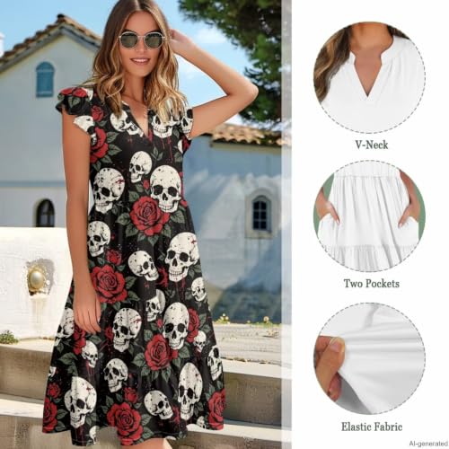 Image of Women's Casual Ruffle Sleeve Dress V Neck Pullover Dress Flowy A-Line Pleated Lightweight Dress with Pockets